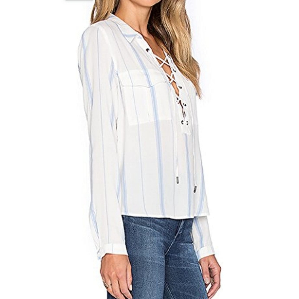 NEW!~ Blooming Jelly Sexy Plunge Roll Up Sleeves Striped Lace Up Blouse,…